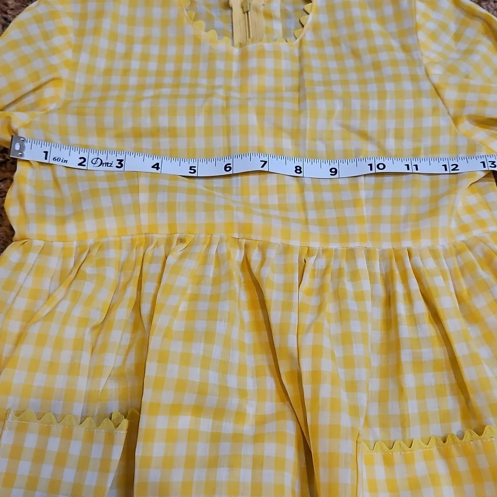 Vintage Yellow White Gingham Long Sleeve Dress Checker Handmade 70s Girls Kids